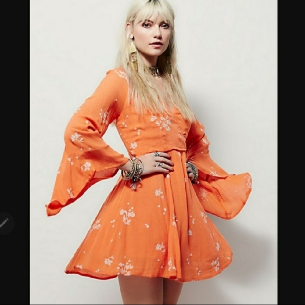 Free People Jasmine embroidered salmon color bell sleeve mini dress 0